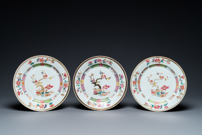 Six Chinese famille rose plates with blossoming branches, Yongzheng