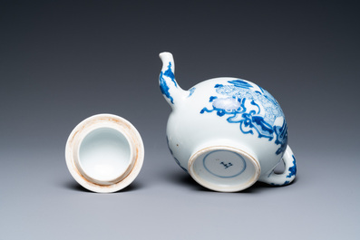 A Chinese blue and white 'antiquities' teapot, Yu mark, Kangxi