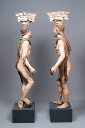 Hercule et Mercure, une paire d'importants t&eacute;lamons en bois polychrom&eacute;, Italie du Nord, 17&egrave;me