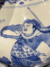 A Chinese blue and white bottle vase depicting four figures, Transitional period