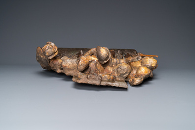 A polychromed walnut wood retable fragment depicting soldiers, Spain, 1st half 16th C.