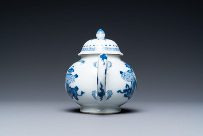 A Chinese blue and white 'antiquities' teapot, Yu mark, Kangxi