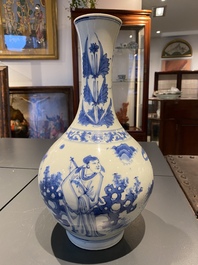 A Chinese blue and white bottle vase depicting four figures, Transitional period
