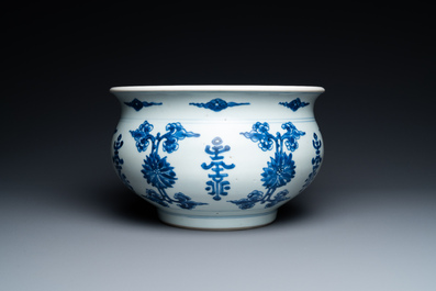 A Chinese blue and white 'Shou and lotus' incense burner, Kangxi