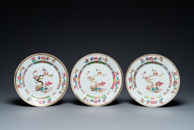 Six Chinese famille rose plates with blossoming branches, Yongzheng