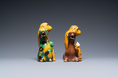 Two Chinese sancai-glazed 'monkey on deer' ewers, 19th C.