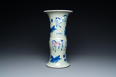 A Chinese blue, white and copper-red celadon-ground 'Eight horses of Mu Wang' vase, Kangxi