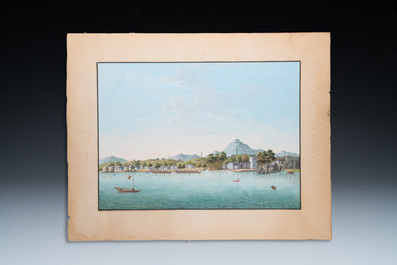 Canton school: A view on the three temples at Dali, Yunnan, watercolour on paper, 19th C.