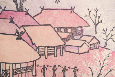 Nguyen Thu (Vietnam, 1930-): 'Workers at a mountain stilt house village', linocut, signed and dated 1988