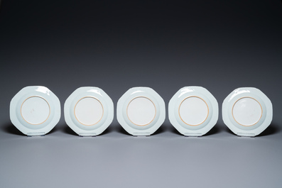 Nine Chinese famille rose plates with a couple in a boat, Qianlong