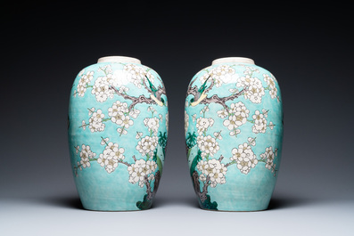A pair of Chinese verte biscuit turquoise-ground jars, 19th C.