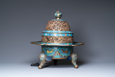 A large Chinese cloisonn&eacute; tripod censer and cover, 19th C.