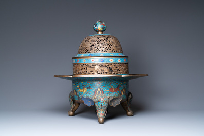 A large Chinese cloisonn&eacute; tripod censer and cover, 19th C.