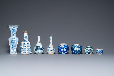 Eight Chinese blue and white vases, Kangxi and later