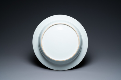 A large Chinese blue, white and gilt 'Merian' deep dish, Qianlong