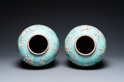 A pair of Chinese verte biscuit turquoise-ground jars, 19th C.