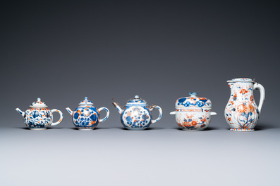 Three Chinese Imari-style teapots, a silver-mounted ewer and a covered bowl, Kangxi