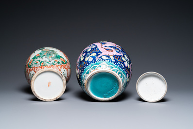 A Chinese famille verte 'mythical animals' vase and a famille rose jar and cover with dragons, 19/20th C.