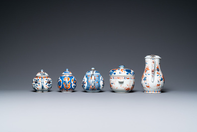 Three Chinese Imari-style teapots, a silver-mounted ewer and a covered bowl, Kangxi