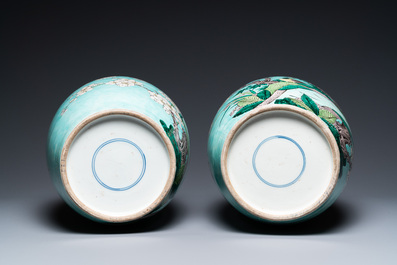 A pair of Chinese verte biscuit turquoise-ground jars, 19th C.