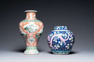 A Chinese famille verte 'mythical animals' vase and a famille rose jar and cover with dragons, 19/20th C.