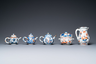 Three Chinese Imari-style teapots, a silver-mounted ewer and a covered bowl, Kangxi