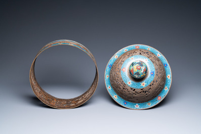 A large Chinese cloisonn&eacute; tripod censer and cover, 19th C.