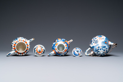 Three Chinese Imari-style teapots, a silver-mounted ewer and a covered bowl, Kangxi