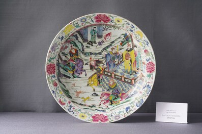A large Chinese famille rose 'deer hunt' dish, Yongzheng