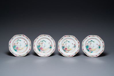 Nine Chinese famille rose plates with a couple in a boat, Qianlong