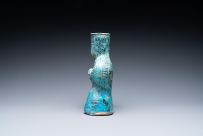 A turquoise- and black-glazed pottery figurative ewer, Kashan, Iran, 12/13th C.