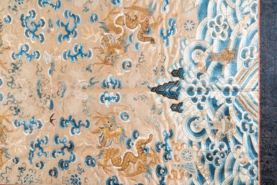 A large rectangular Chinese gold thread-embroidered silk panel decorated with four four-clawed dragons, Qing