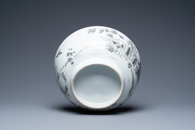 A Chinese grisaille and gilt bowl depicting a convent and birds in a landscape, Qianlong