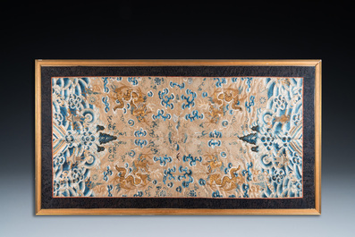A large rectangular Chinese gold thread-embroidered silk panel decorated with four four-clawed dragons, Qing