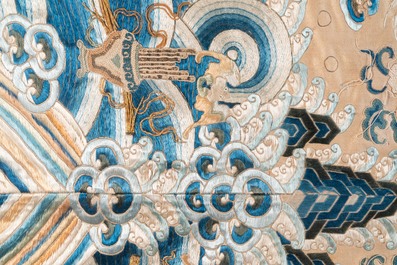 A large rectangular Chinese gold thread-embroidered silk panel decorated with four four-clawed dragons, Qing