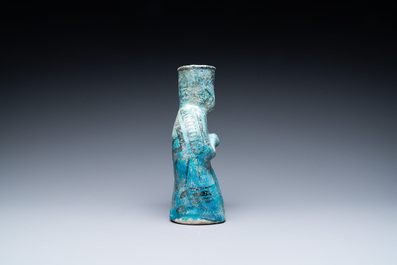 A turquoise- and black-glazed pottery figurative ewer, Kashan, Iran, 12/13th C.