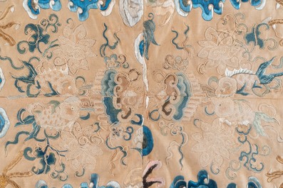 A large rectangular Chinese gold thread-embroidered silk panel decorated with four four-clawed dragons, Qing