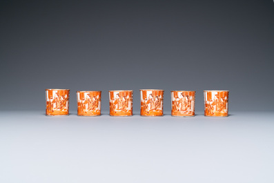 A Chinese 16-piece iron-red and gilt-decorated Canton porcelain tea service, 19th C.