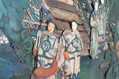 Canton school: 'Figures in a terrace garden', collage painting with relief-mounted paper, 19th C.