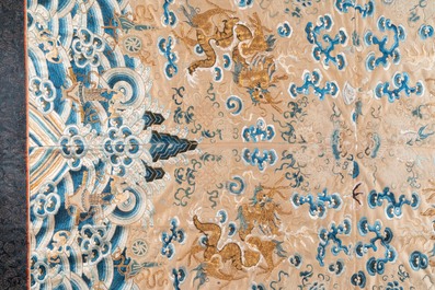 A large rectangular Chinese gold thread-embroidered silk panel decorated with four four-clawed dragons, Qing