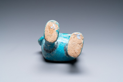 A composite turquoise- and black-glazed pottery figurative ewer, Kashan, Iran, 12/13th C.