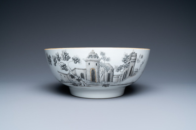 A Chinese grisaille and gilt bowl depicting a convent and birds in a landscape, Qianlong