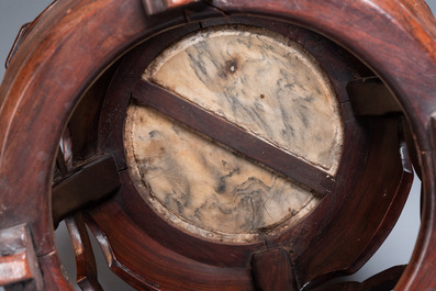 A pair of Chinese reticulated hongmu wooden stands with marble 'dreamstone' plaques, 19th C.