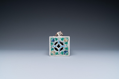 A rare Chinese famille verte rectangular scroll weight, Kangxi