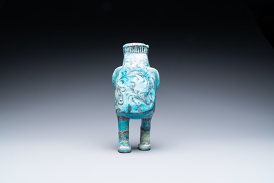 A composite turquoise- and black-glazed pottery figurative ewer, Kashan, Iran, 12/13th C.