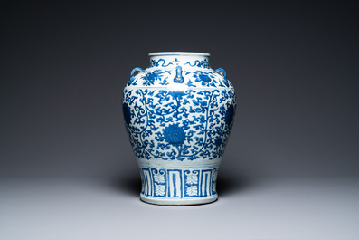 A Chinese blue and white six-handled 'lotus scroll' vase, Wanli