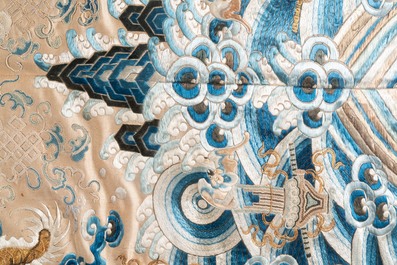 A large rectangular Chinese gold thread-embroidered silk panel decorated with four four-clawed dragons, Qing