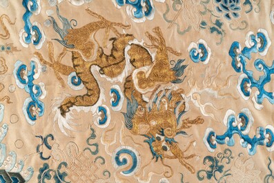 A large rectangular Chinese gold thread-embroidered silk panel decorated with four four-clawed dragons, Qing