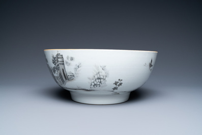 A Chinese grisaille and gilt bowl depicting a convent and birds in a landscape, Qianlong