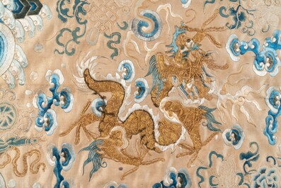 A large rectangular Chinese gold thread-embroidered silk panel decorated with four four-clawed dragons, Qing